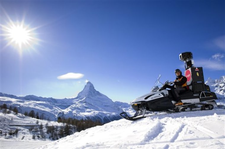 The Google Street View Snow Mobile takes pictures of ski slopes for Google's Street View in front of the Matterhorn mountain in Zermatt, Switzerland.